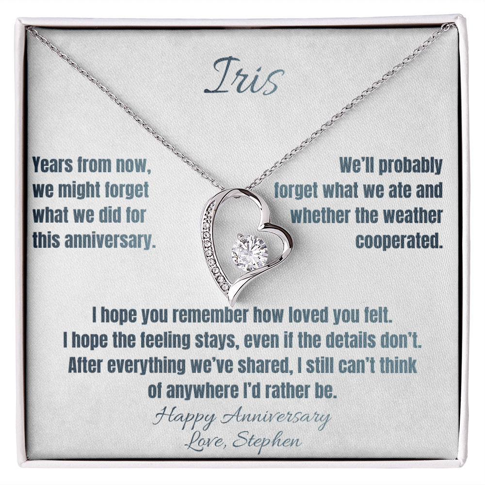 Forever Love heart necklace with a personalized anniversary message card