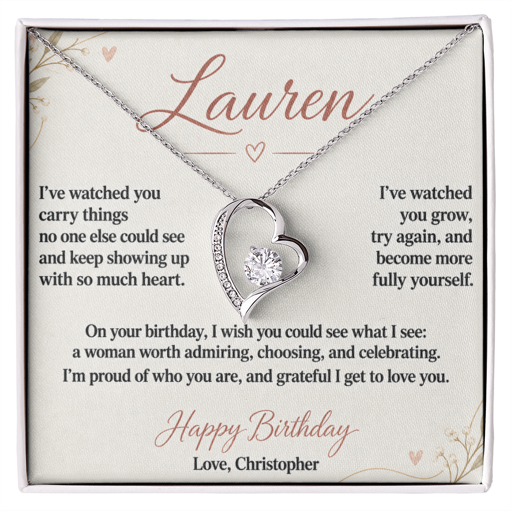 Example of the personalized birthday message card and Forever Love heart necklace