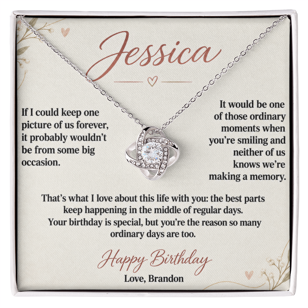 Love Knot birthday necklace with personalized ordinary days message card