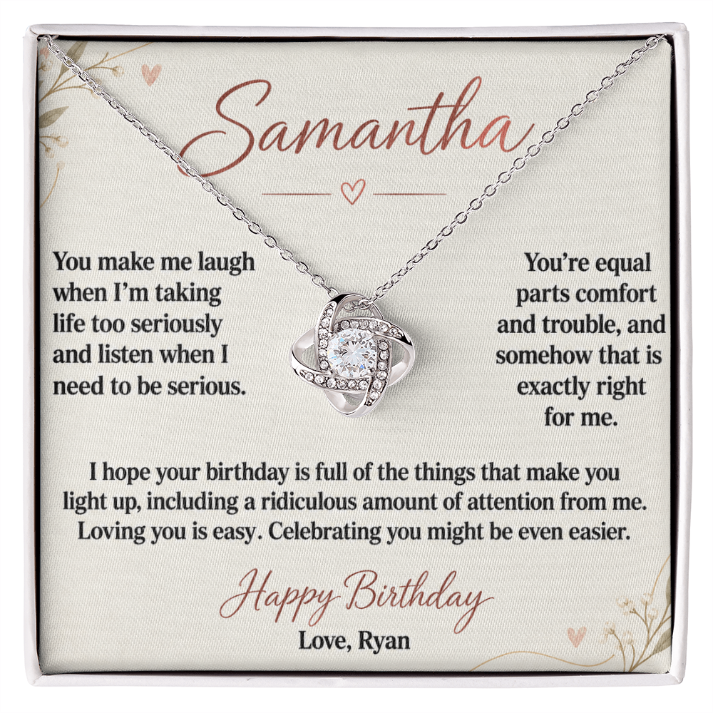 Example of the personalized birthday message card with Love Knot Necklace