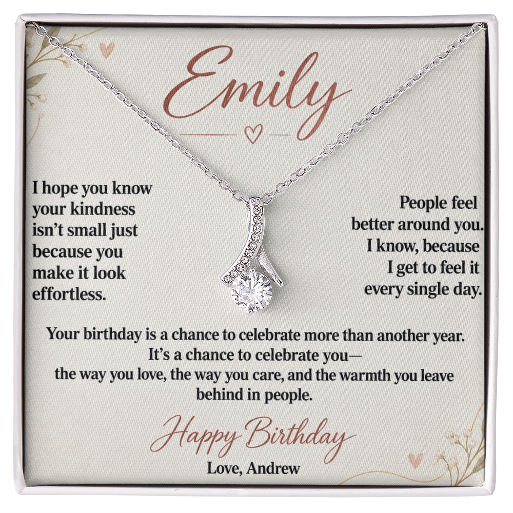 Alluring Beauty birthday necklace with personalized kindness message card