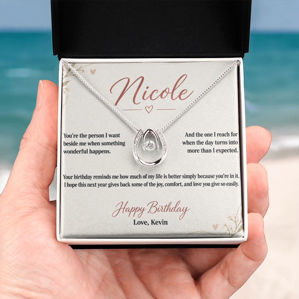 Example of personalized birthday message card with Lucky In Love Necklace