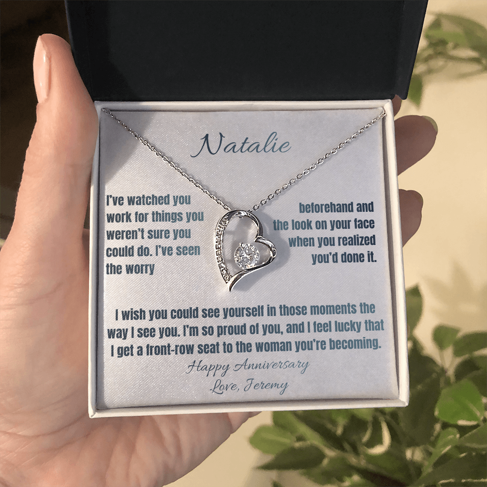 Forever Love heart necklace with a personalized anniversary message card