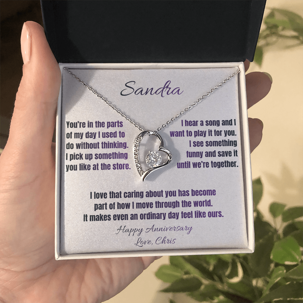 Forever Love heart necklace with personalized anniversary message card in its gift box