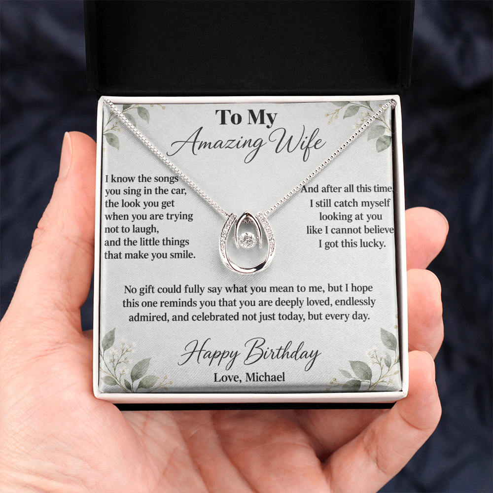 Example of birthday message card for wife with Lucky In Love Necklace